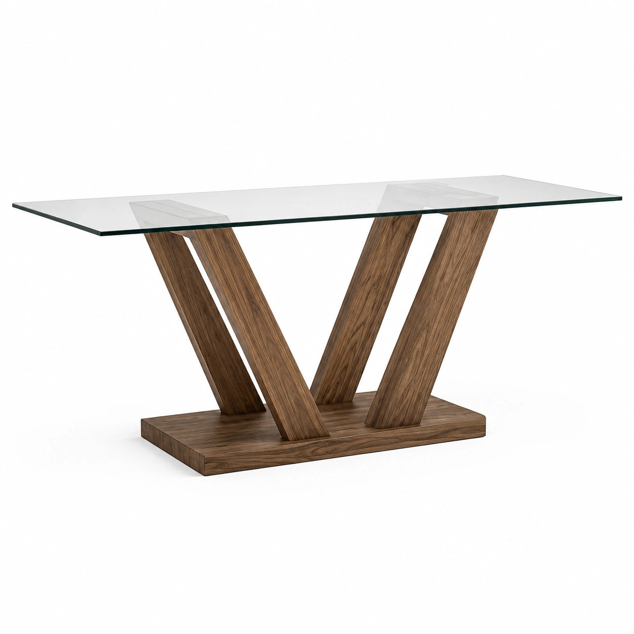Table à manger rectangulaire en verre transparent et bois finition noyer, 180 × 90 × 76 cm