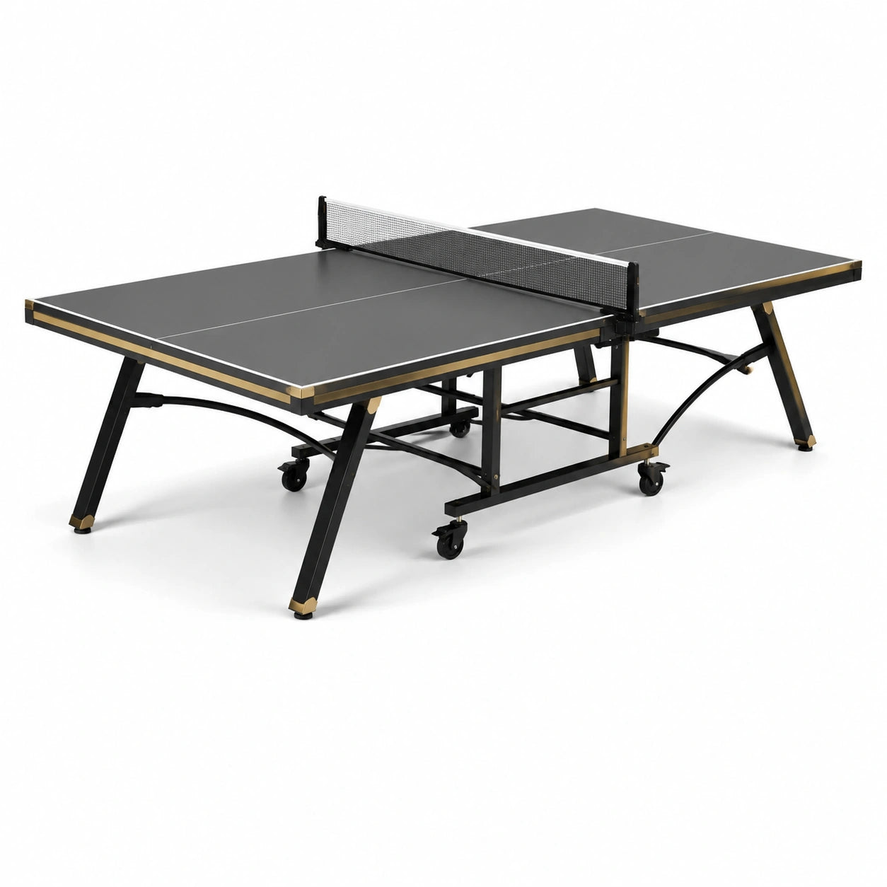 Table de tennis de table pliable 274 × 152,5 × 76 cm en panneau composite et acier avec roulettes, noire, dorée et blanche