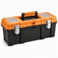 Boîte à outils orange et noire 56 × 28 × 26 cm avec compartiments, fermoirs métalliques et poignée rabattable
