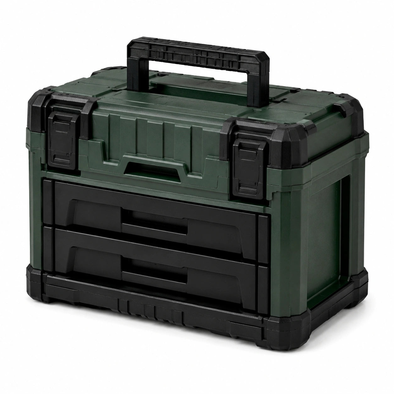 Boîte à outils vert foncé et noir, 54 × 30 × 45 cm, compartiment supérieur et 2 tiroirs