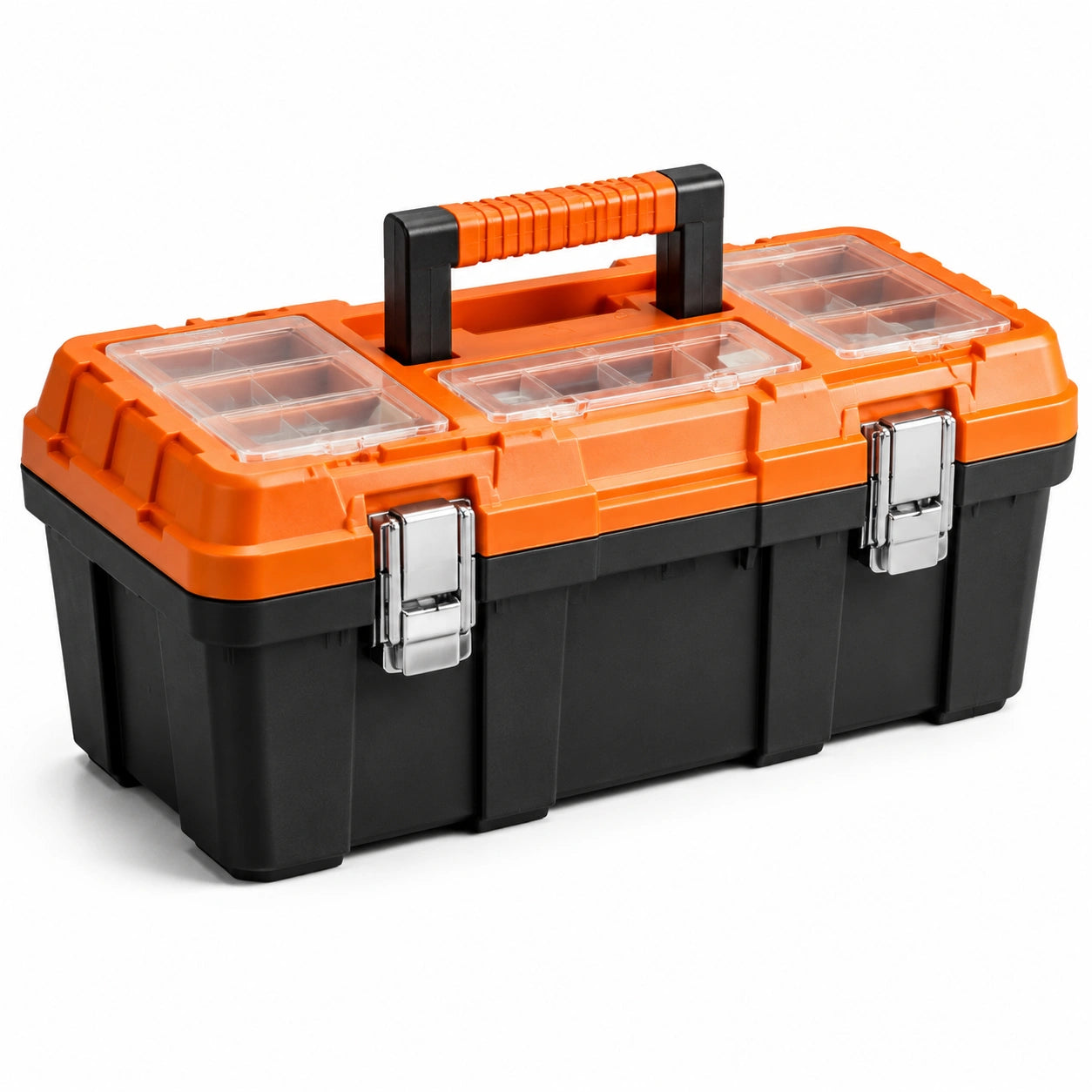Boîte à outils noire et orange 53 × 27 × 25 cm avec organiseurs transparents et poignée rabattable