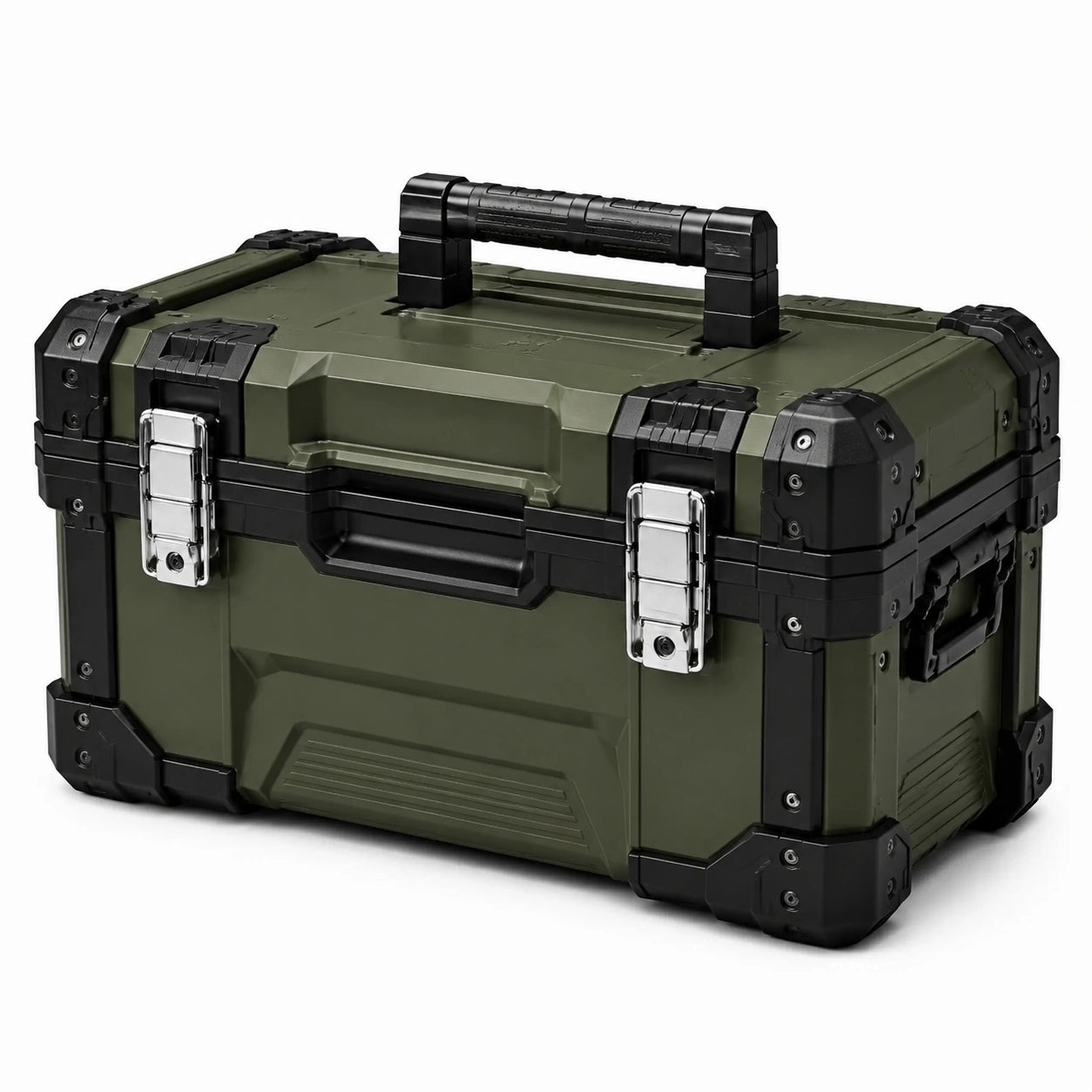 Boîte à outils portable renforcée 53 × 32 × 31 cm en plastique rigide vert kaki, noir et argenté