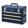 Caisse à outils portable verrouillable en acier, 3 tiroirs, bleu foncé, noir et argenté, 51 × 25 × 40 cm