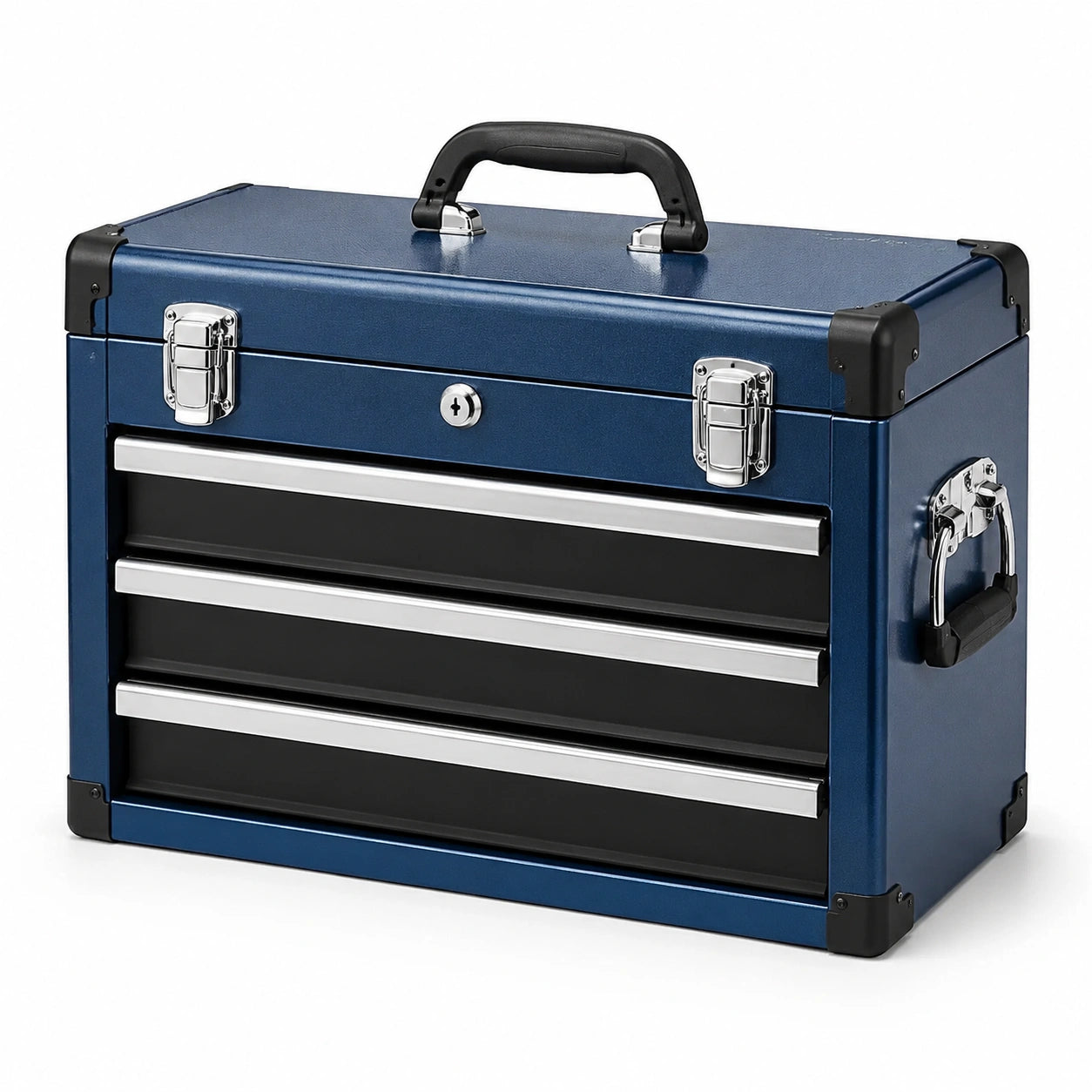 Caisse à outils portable verrouillable en acier, 3 tiroirs, bleu foncé, noir et argenté, 51 × 25 × 40 cm