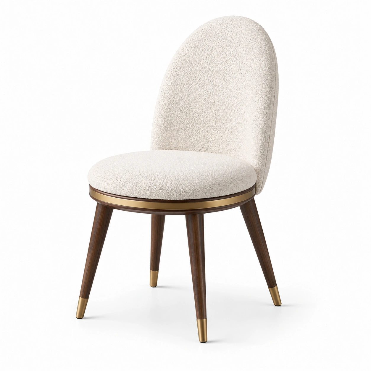 Chaise de salle à manger en tissu bouclé écru, bois brun et métal doré, 52 × 58 × 86 cm