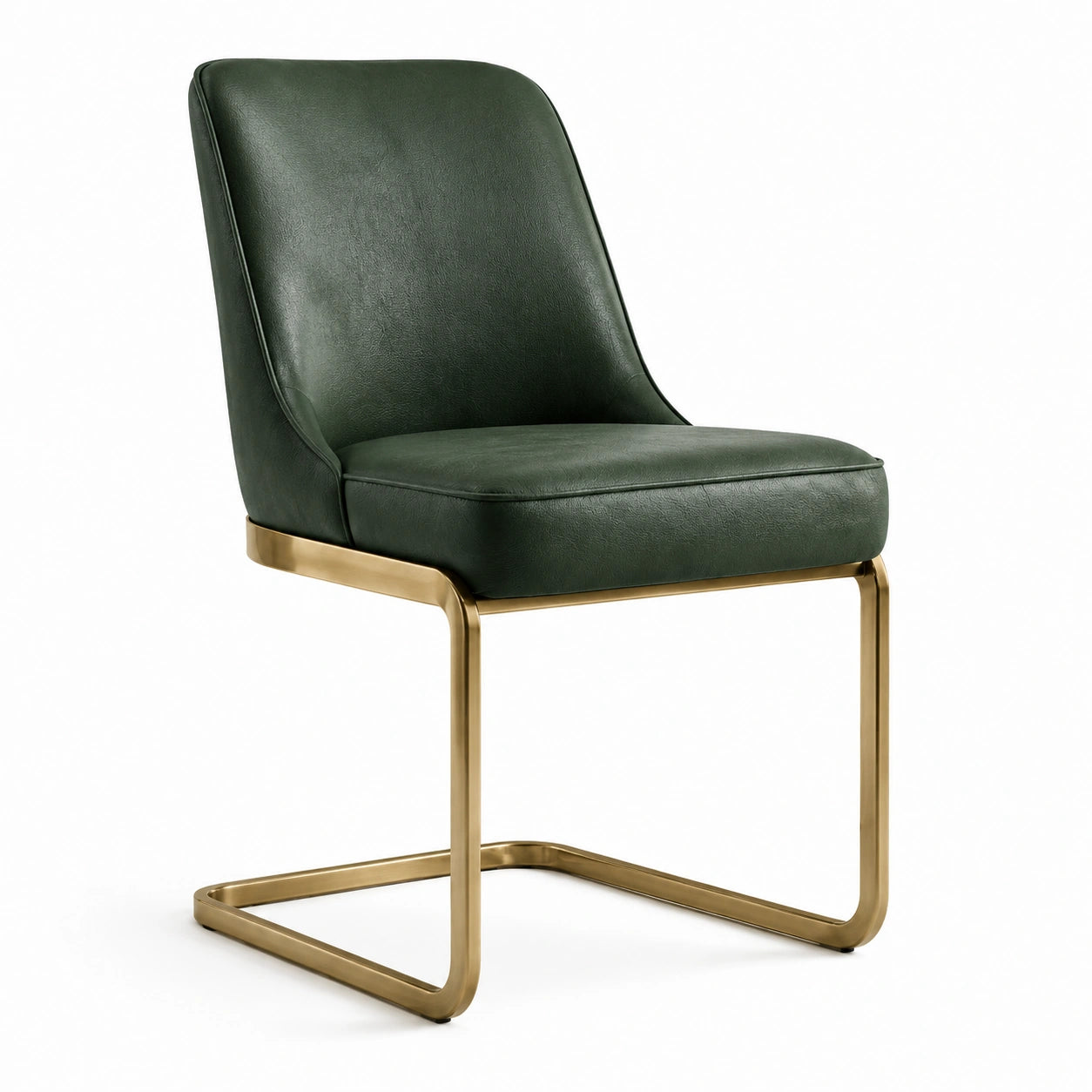Chaise contemporaine en similicuir vert foncé et métal doré avec piètement luge, 55 × 61 × 82 cm