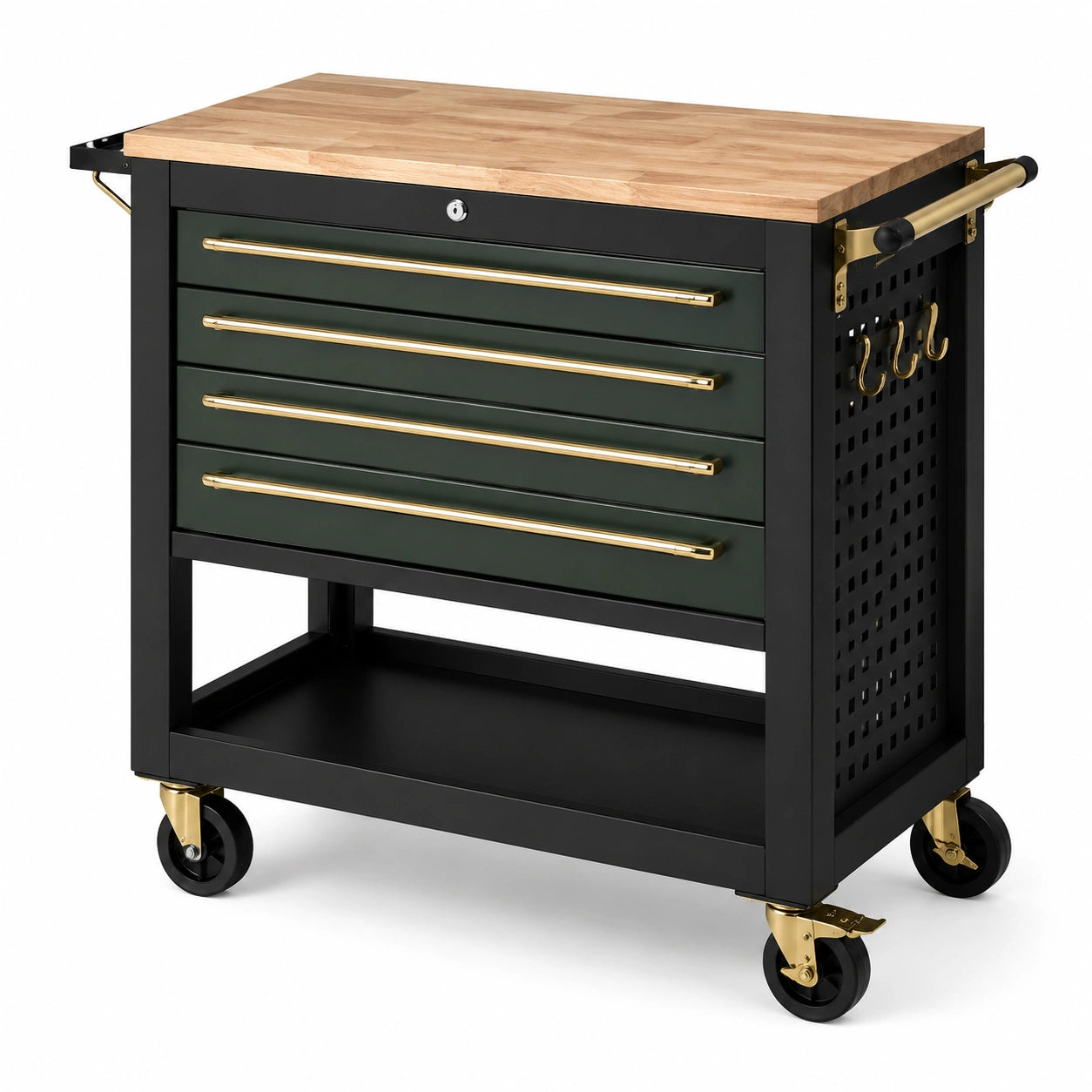 Servante d’atelier mobile en acier noir et vert foncé avec plateau en bois, 4 tiroirs, 91 × 48 × 96 cm