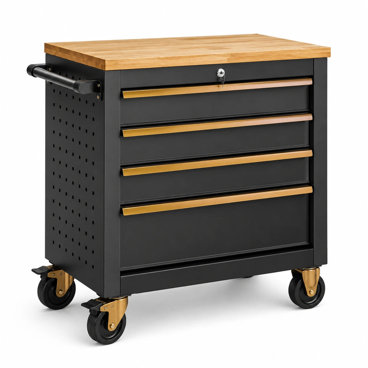 Servante d’atelier mobile en acier noir et doré avec plateau en bois naturel, 4 tiroirs verrouillables, 76 × 46 × 88 cm