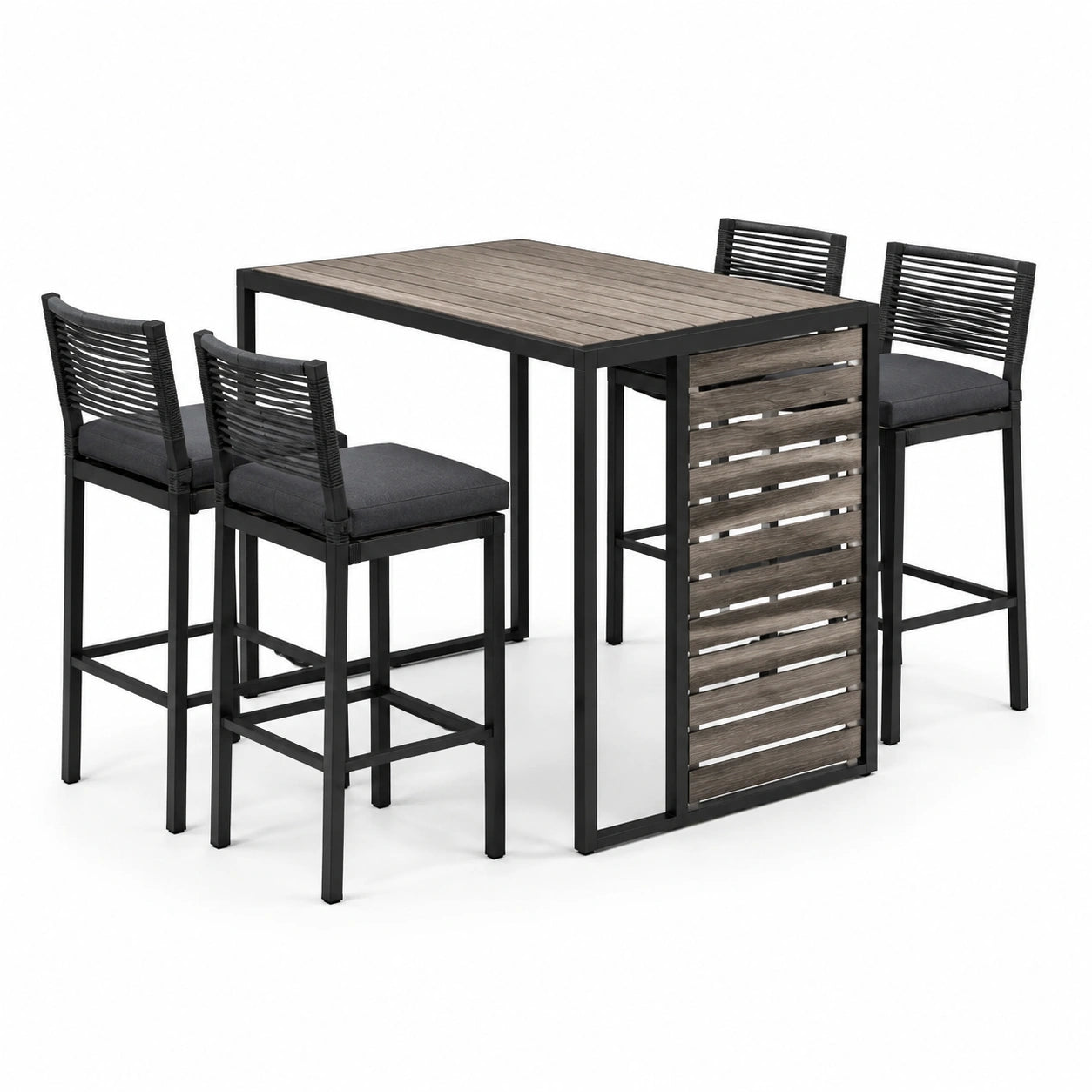 Ensemble repas de jardin haut 5 pièces, table 120 × 70 × 90 cm et 4 chaises, noir, brun et gris