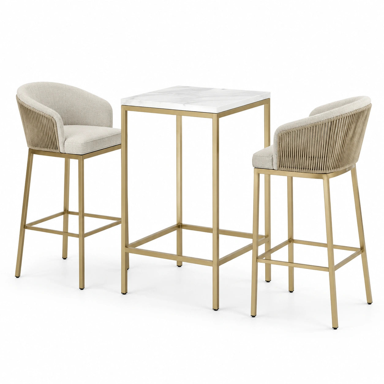 Ensemble table de bar 80 × 80 × 105 cm et 2 tabourets 56 × 55 × 96 cm, blanc, beige, doré et taupe