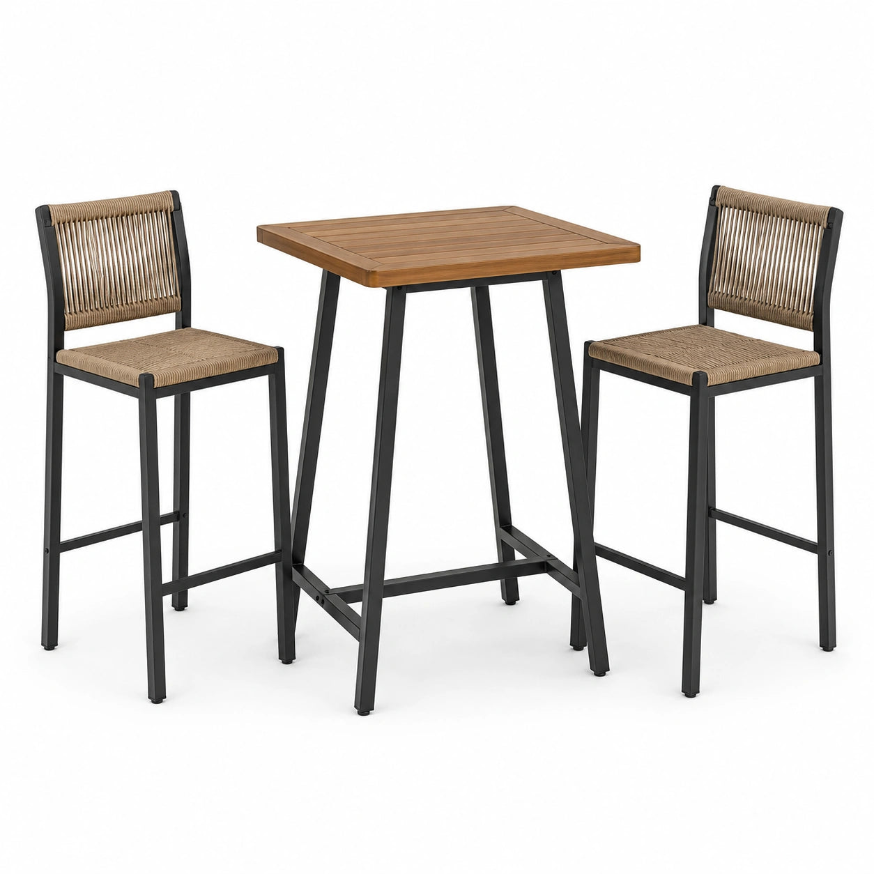 Ensemble de bar 3 pièces avec table haute 80 × 80 × 100 cm et 2 chaises 46 × 50 × 108 cm, noir, brun et beige