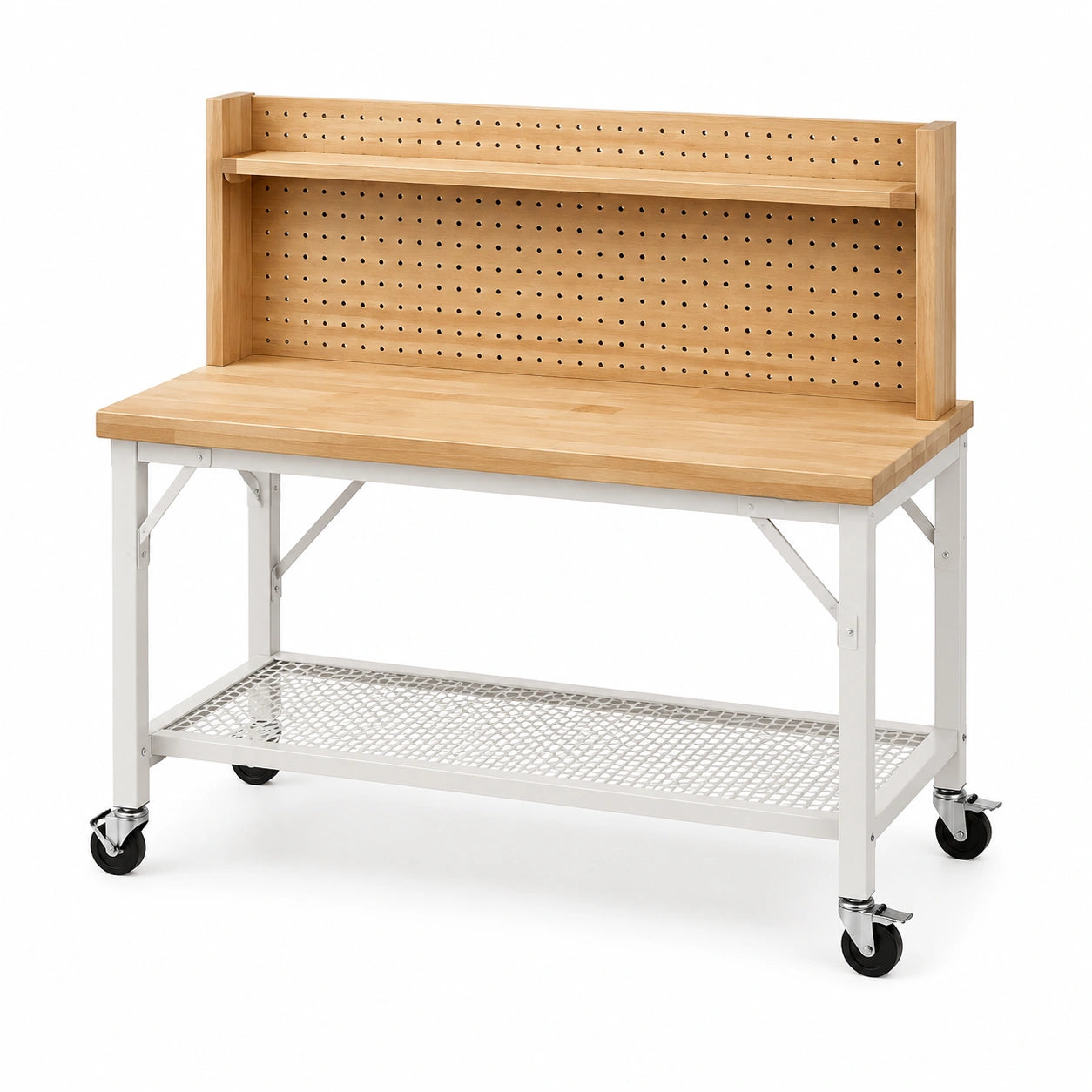 Établi mobile en bois naturel et métal blanc avec panneau perforé, rangements et roulettes, 120 × 60 × 150 cm