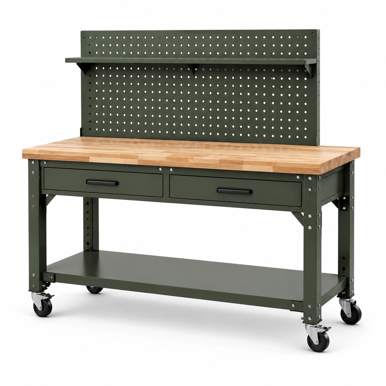 Établi d’atelier mobile vert olive et bois naturel, 120 × 60 × 150 cm, avec panneau perforé, 2 tiroirs et roulettes