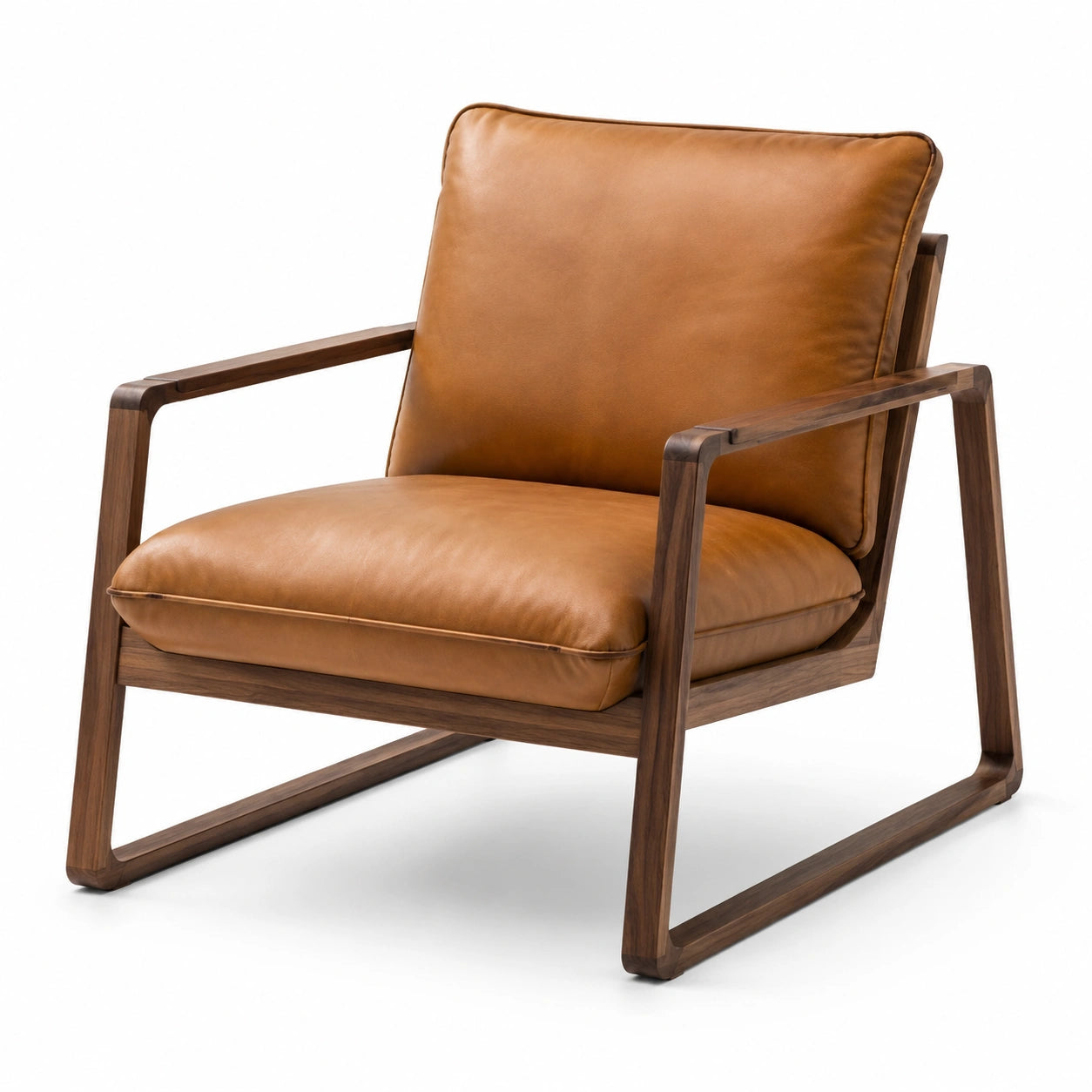Fauteuil en bois brun avec revêtement synthétique caramel, 76 × 82 × 80 cm