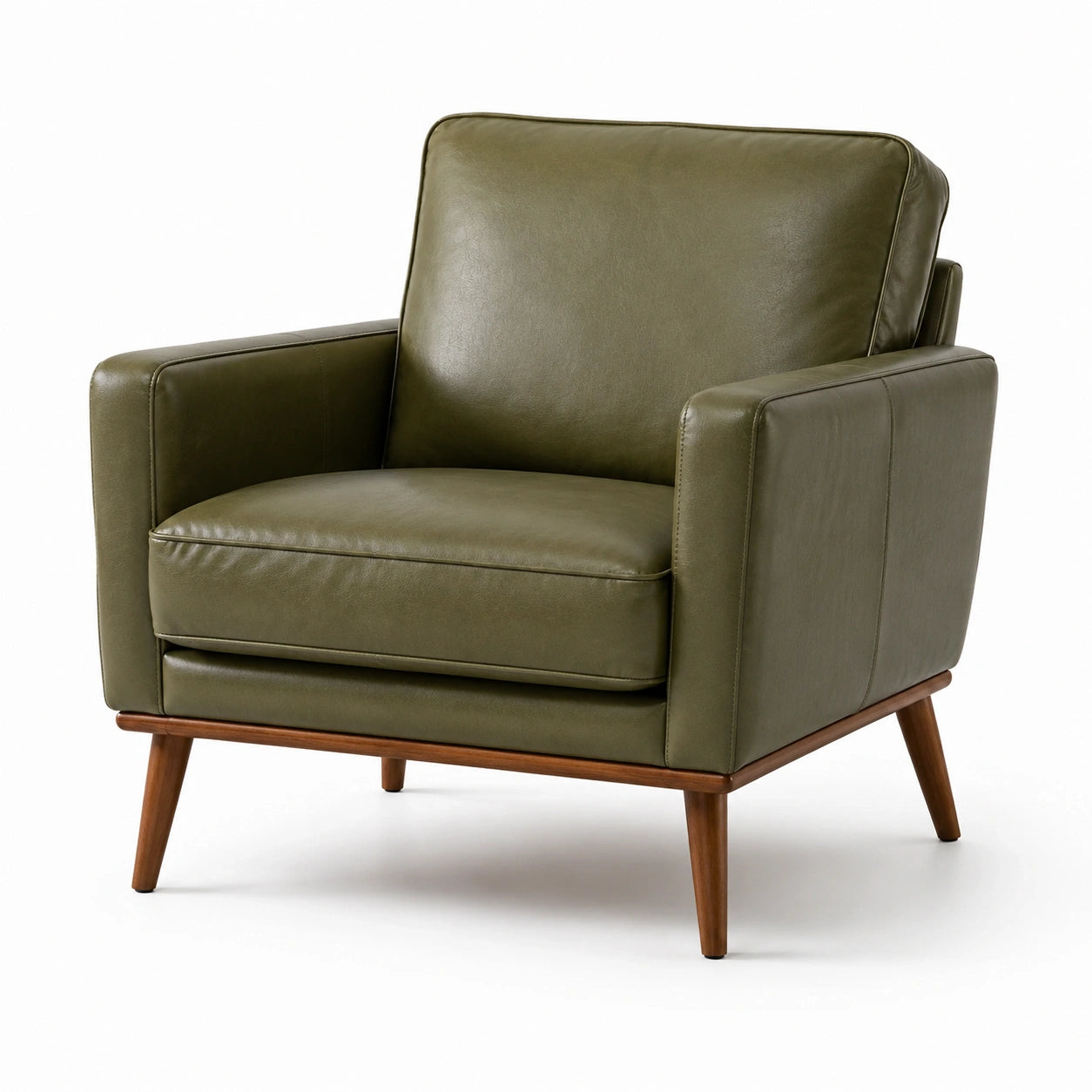 Fauteuil rétro en similicuir vert olive avec pieds en bois marron, 82 × 84 × 83 cm