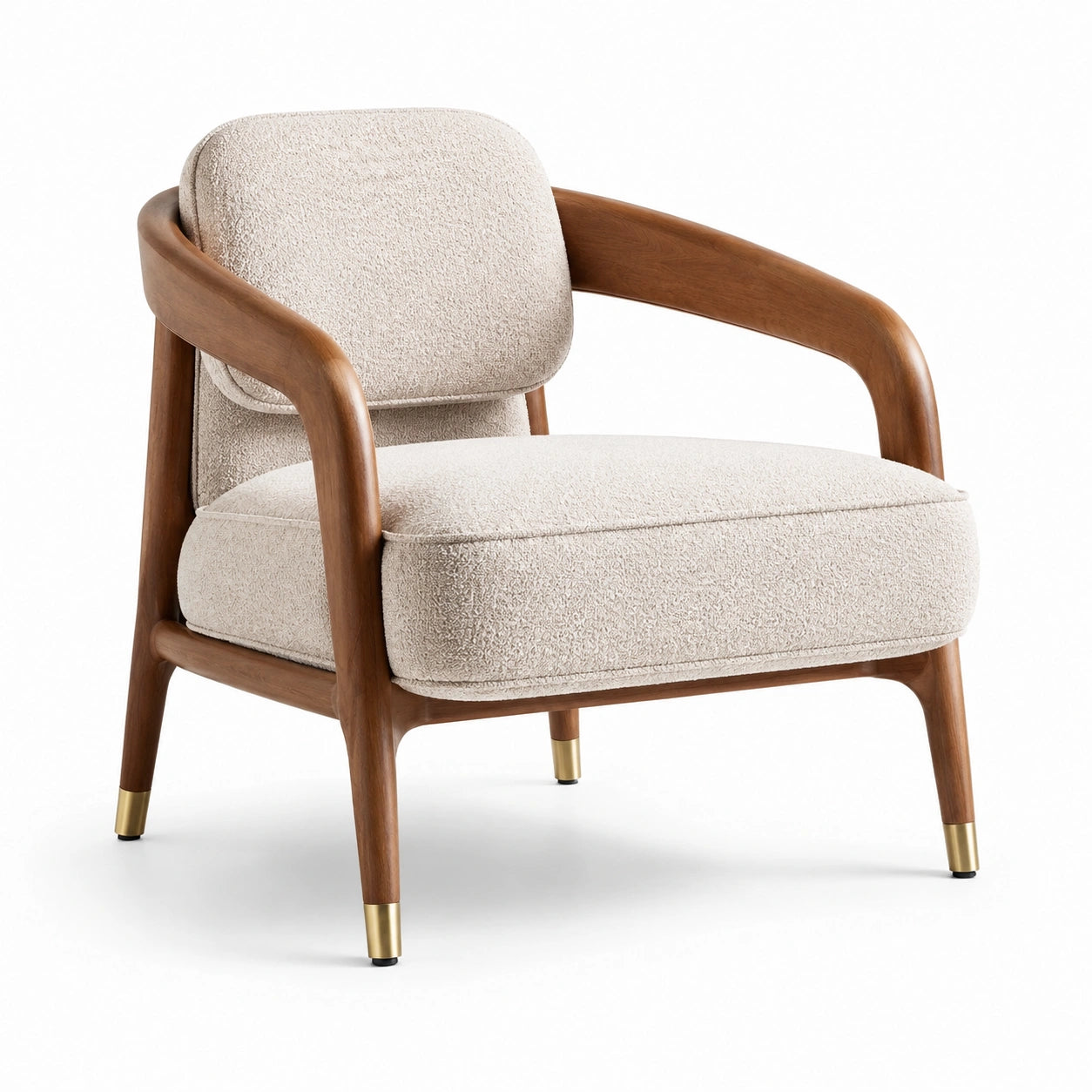 Fauteuil contemporain en tissu bouclé beige et bois brun avec accoudoirs, 75 × 78 × 82 cm