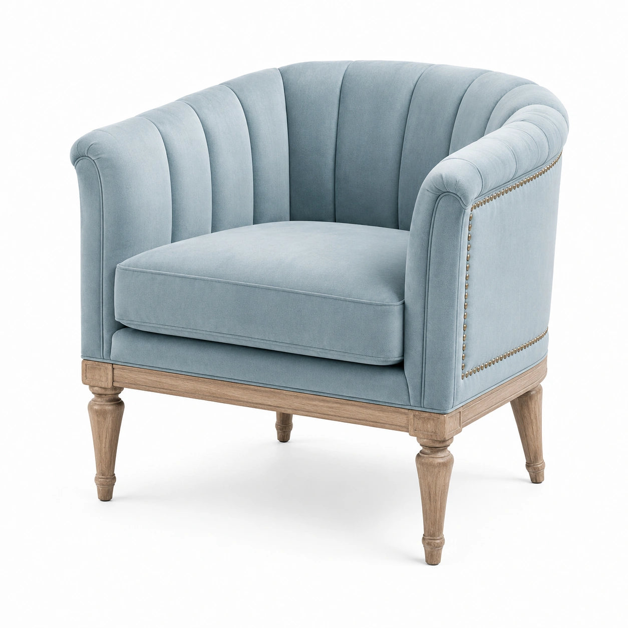 Fauteuil capitonné en velours bleu clair avec pieds en bois naturel, 86 x 82 x 90 cm