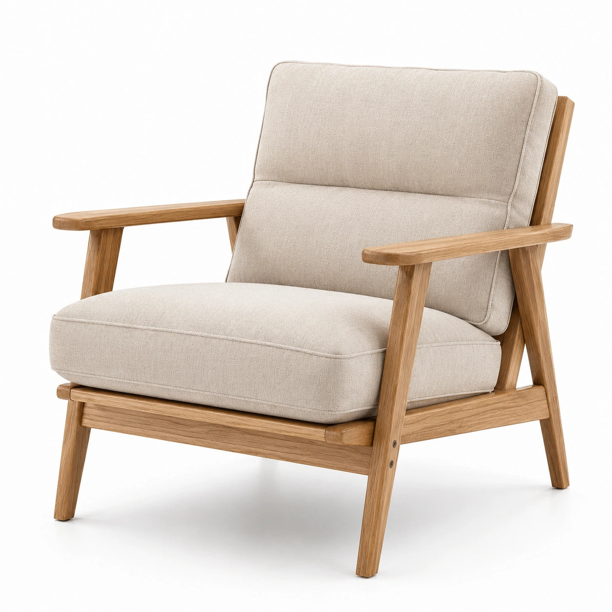 Fauteuil en tissu beige et bois naturel avec accoudoirs, 76 × 83 × 82 cm