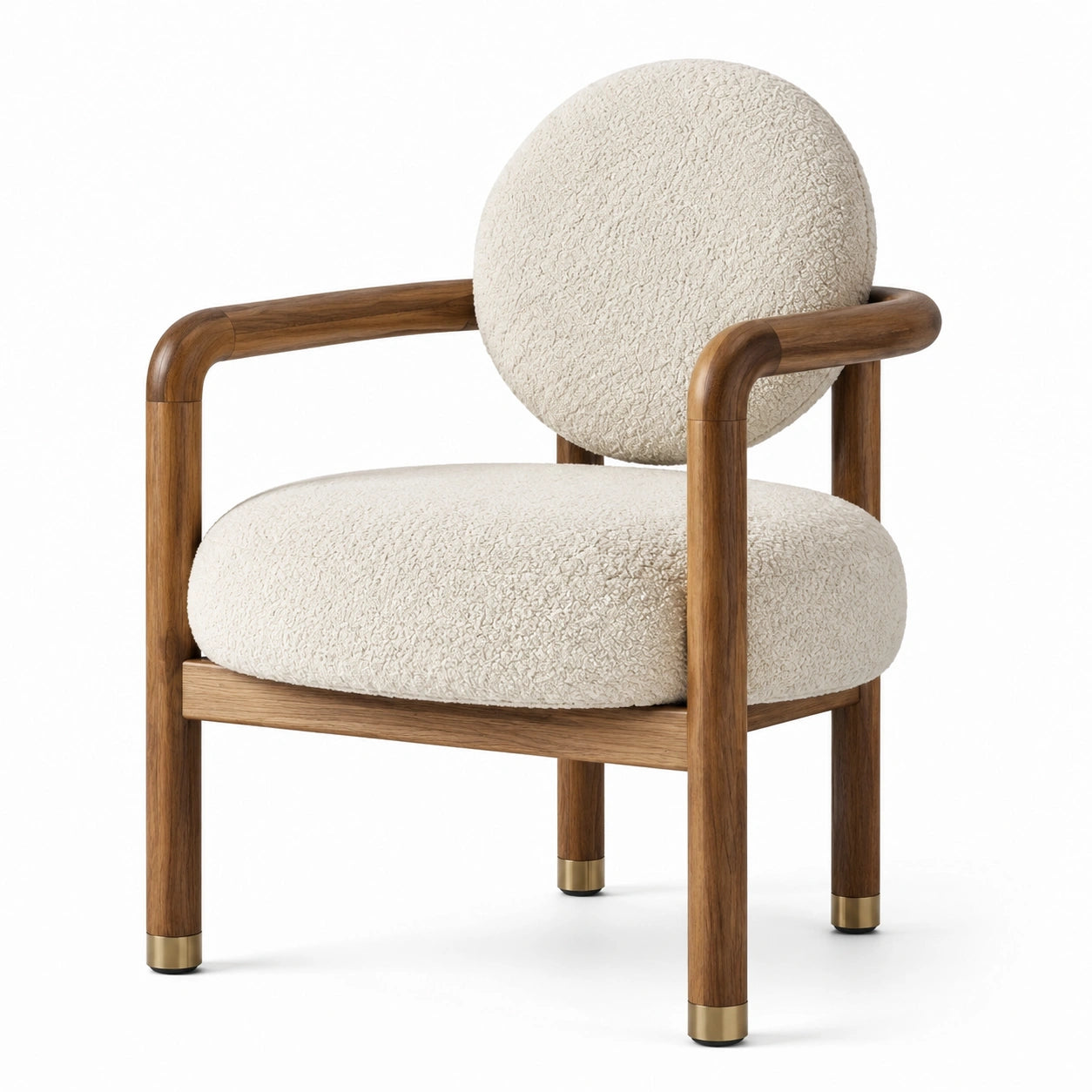 Fauteuil rétro contemporain en bois marron et tissu bouclé crème, 70 × 75 × 85 cm