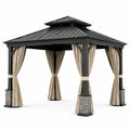 Pavillon de jardin carré 360 × 360 × 320 cm en métal noir, toit rigide ventilé et rideaux beiges