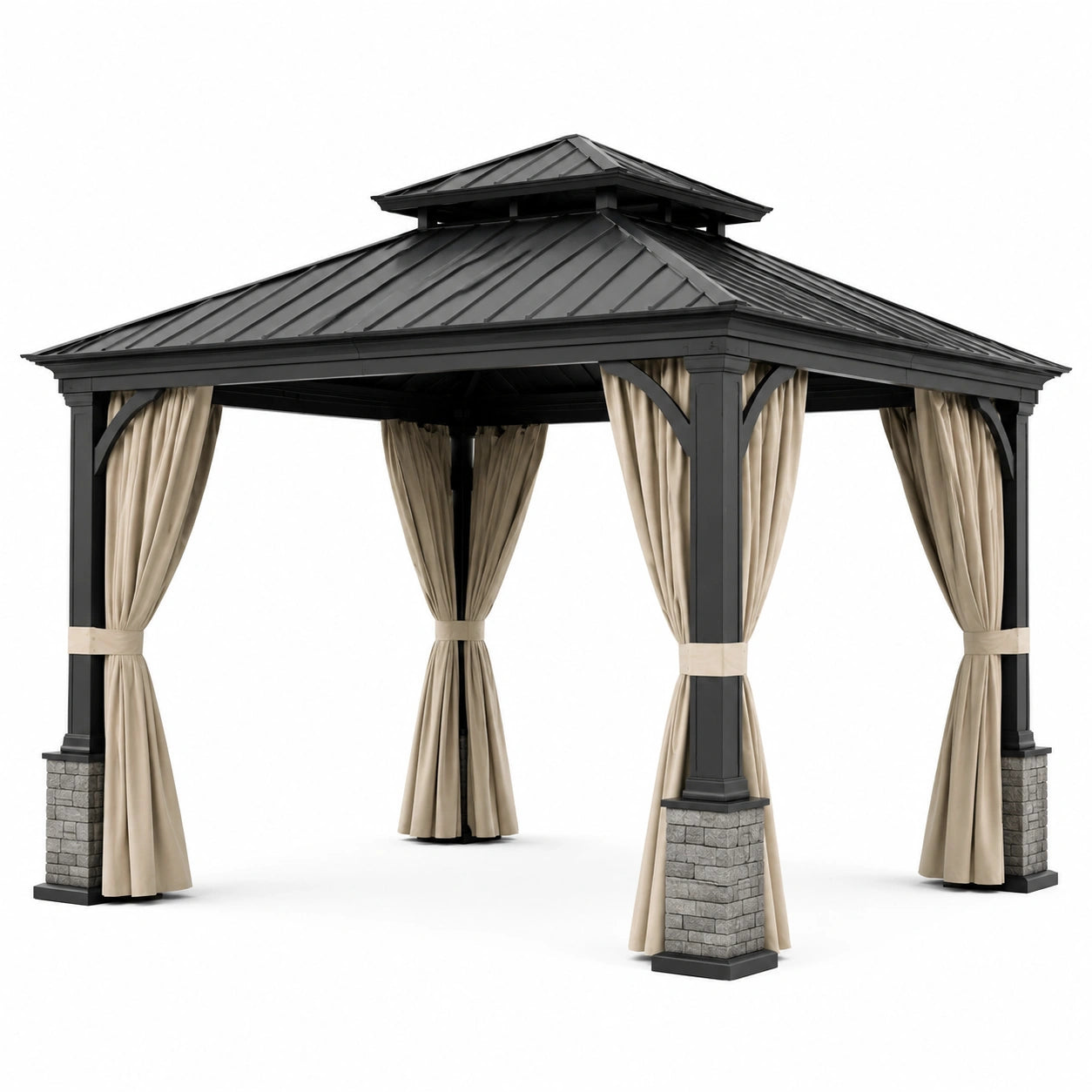 Pavillon de jardin carré 360 × 360 × 320 cm en métal noir, toit rigide ventilé et rideaux beiges