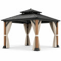 Tonnelle de jardin 400 × 300 × 290 cm avec toit rigide noir, poteaux effet bois naturel et rideaux beiges