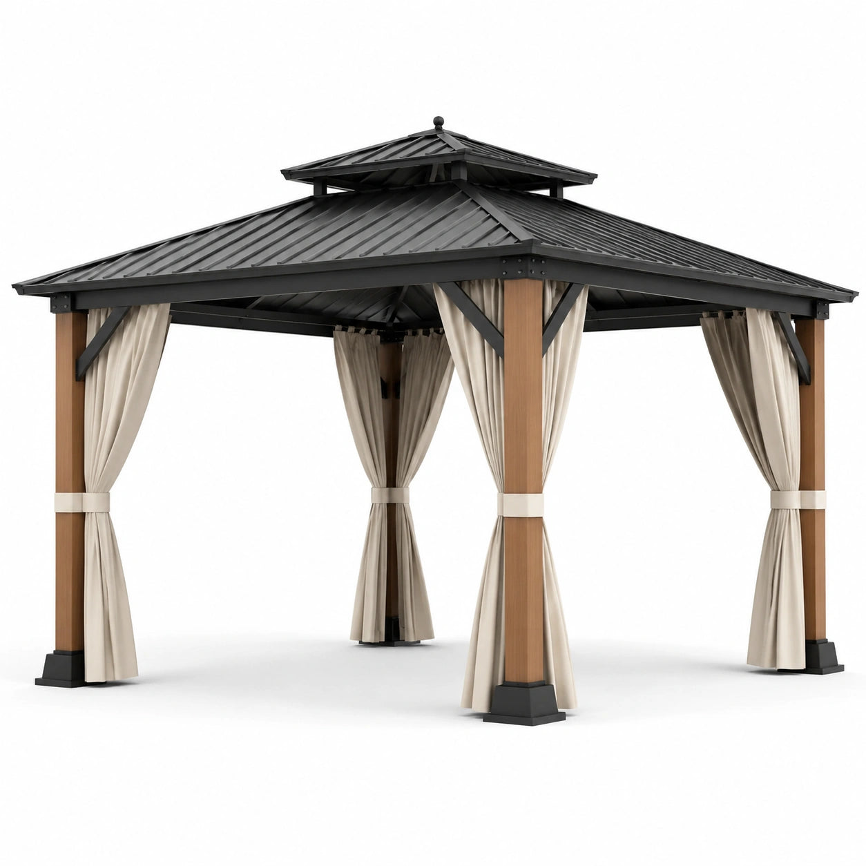 Tonnelle de jardin 400 × 300 × 290 cm avec toit rigide noir, poteaux effet bois naturel et rideaux beiges