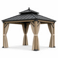 Pavillon de jardin 400 × 300 × 285 cm, finition bois naturel, toit rigide anthracite à double niveau et rideaux beiges