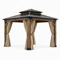 Pavillon de jardin en bois brun et acier anthracite avec rideaux beiges et toit rigide à double niveau, 300 × 300 × 290 cm