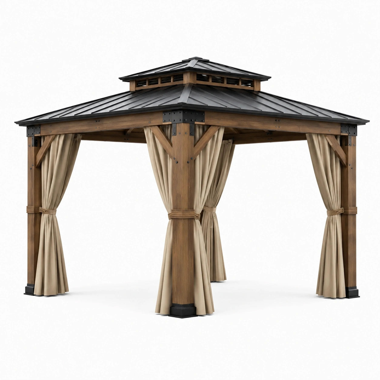 Pavillon de jardin en bois brun et acier anthracite avec rideaux beiges et toit rigide à double niveau, 300 × 300 × 290 cm