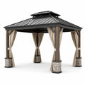 Tonnelle de jardin 427 × 366 × 315 cm en bois brun avec toit rigide anthracite et rideaux taupe