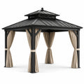 Pergola de jardin en métal noir avec rideaux beiges et toit rigide ventilé, 300 × 300 × 280 cm