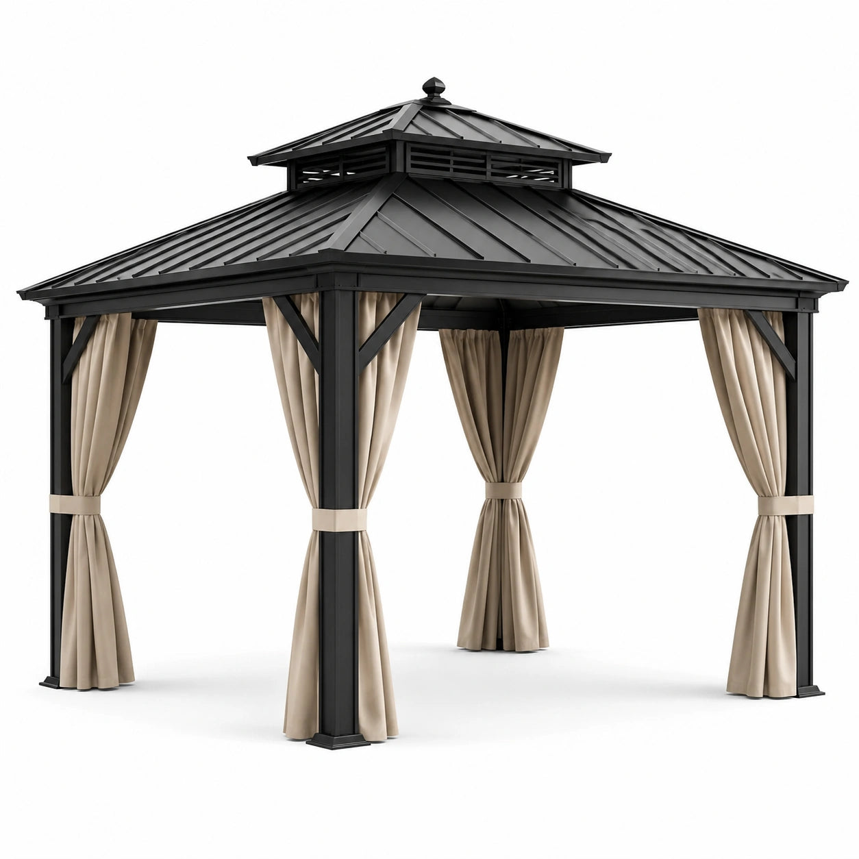 Pergola de jardin en métal noir avec rideaux beiges et toit rigide ventilé, 300 × 300 × 280 cm