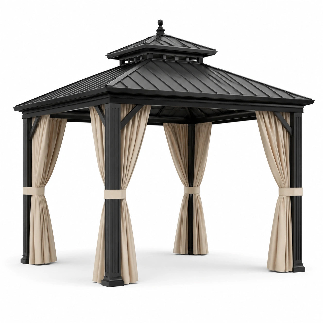 Tonnelle de jardin à toit rigide, 400 × 300 × 290 cm, noire avec rideaux beiges