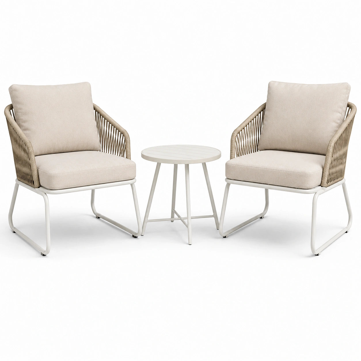 Ensemble 3 pièces beige, taupe et blanc avec 2 fauteuils 70 × 76 × 83 cm et table ronde Ø 50 × 50 cm