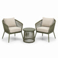 Salon de jardin 3 pièces vert olive et beige, 2 fauteuils 74 × 77 × 82 cm et table ronde Ø 57 × 45 cm