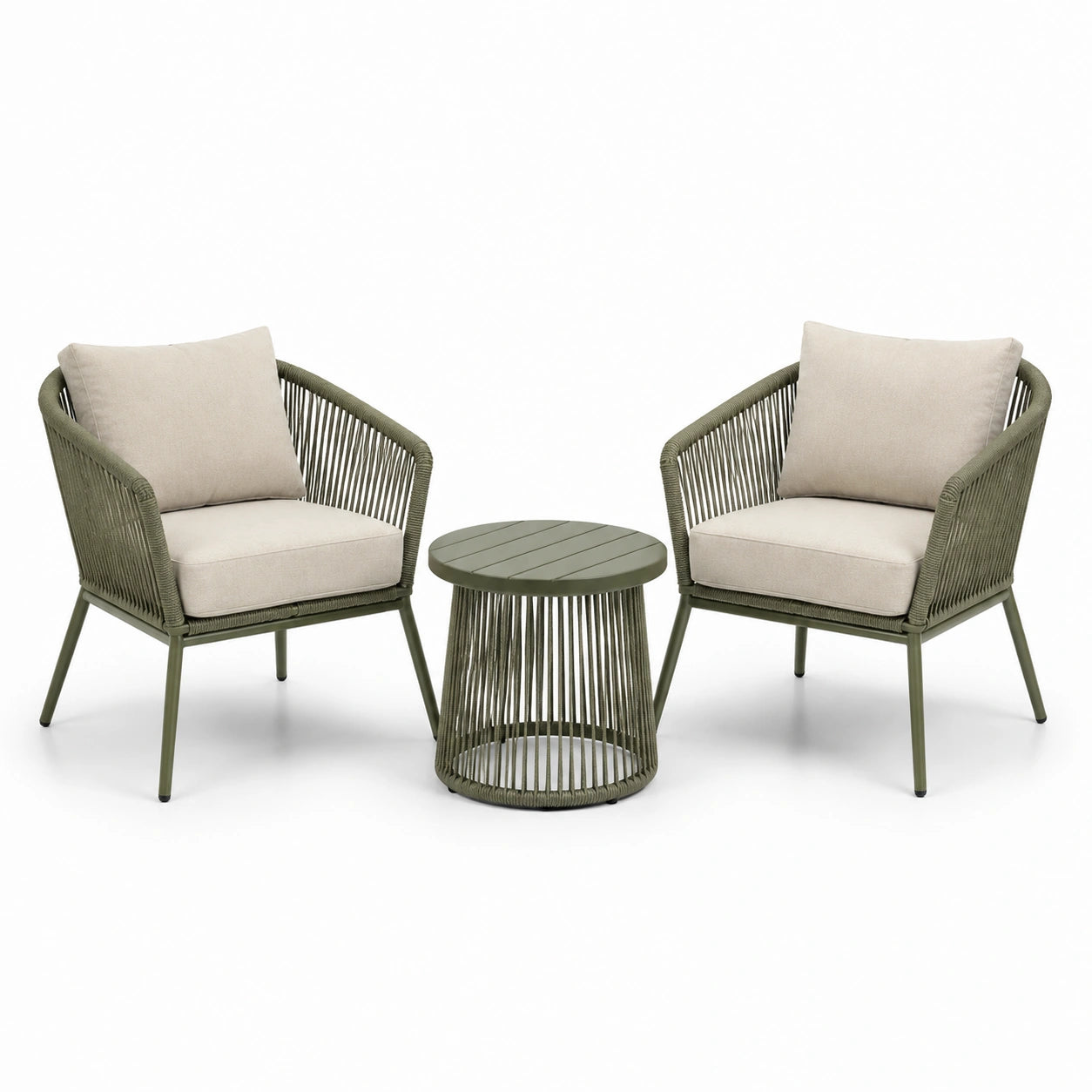 Salon de jardin 3 pièces vert olive et beige, 2 fauteuils 74 × 77 × 82 cm et table ronde Ø 57 × 45 cm
