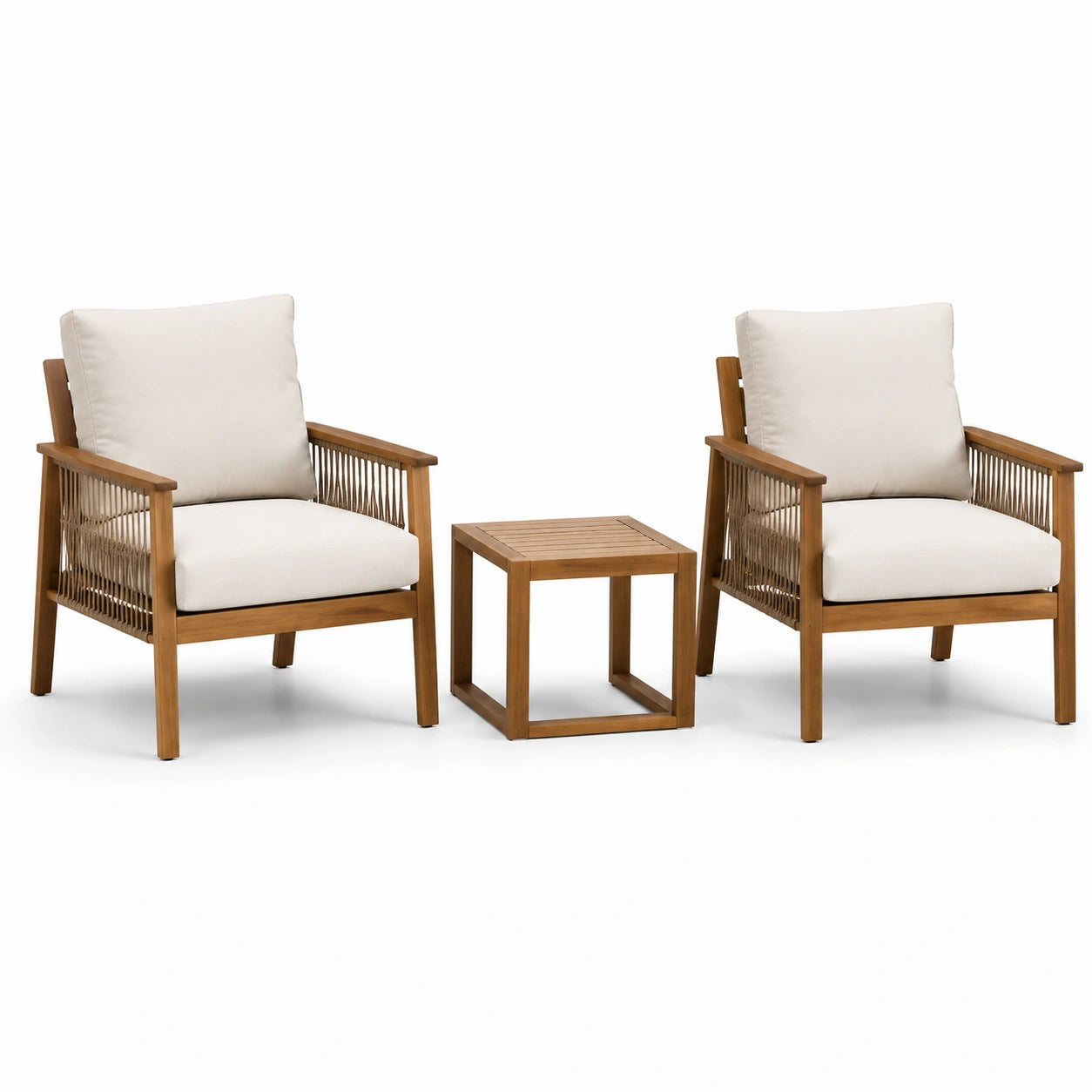 Ensemble 3 pièces avec 2 fauteuils de 68 × 75 × 82 cm et table de 45 × 45 × 42 cm, bois marron, corde beige et coussins écrus
