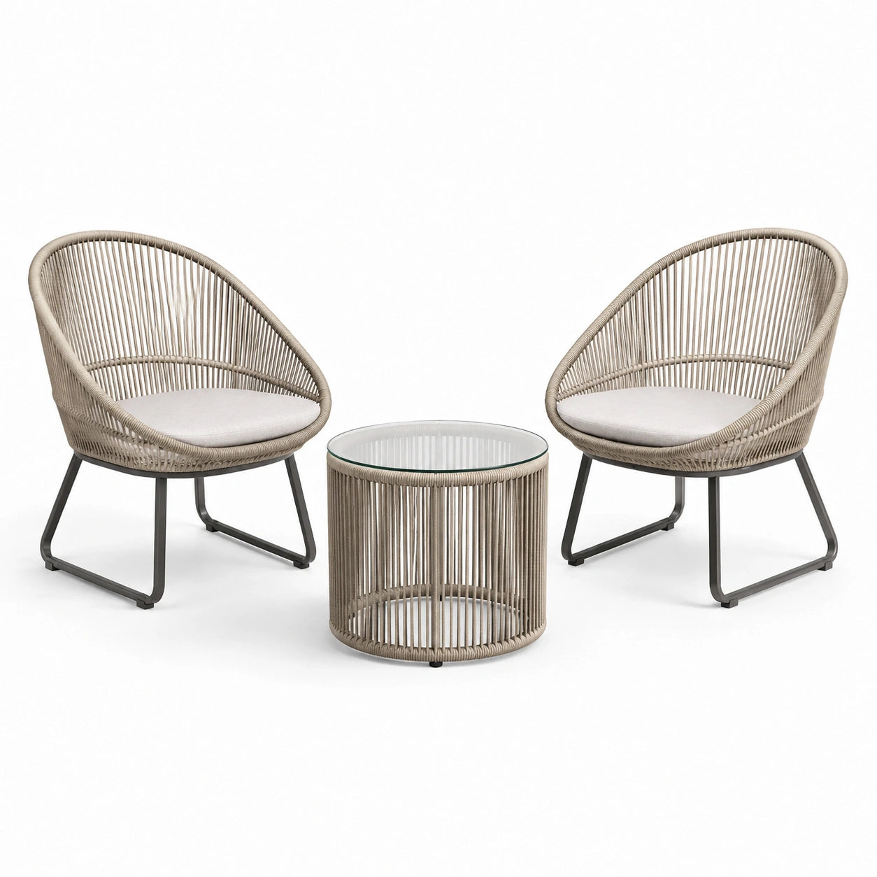 Ensemble 3 pièces avec 2 fauteuils 74 × 73 × 84 cm et table ronde Ø 50 × 45 cm, beige, noir et blanc cassé
