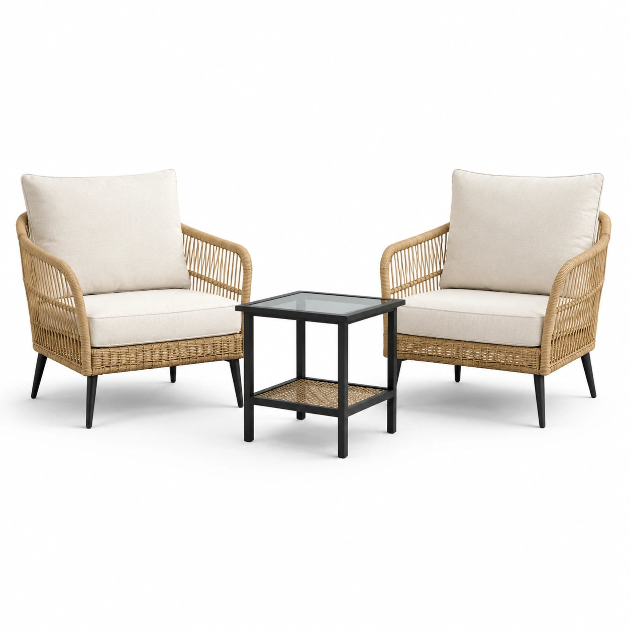 Salon de jardin 3 pièces avec 2 fauteuils beige et écru 73 × 75 × 82 cm et table noire 45 × 45 × 50 cm