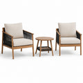 Ensemble de jardin 3 pièces avec 2 fauteuils de 72 × 78 × 84 cm et table ronde Ø 60 × H 55 cm, bois brun, cordage noir et coussins beiges