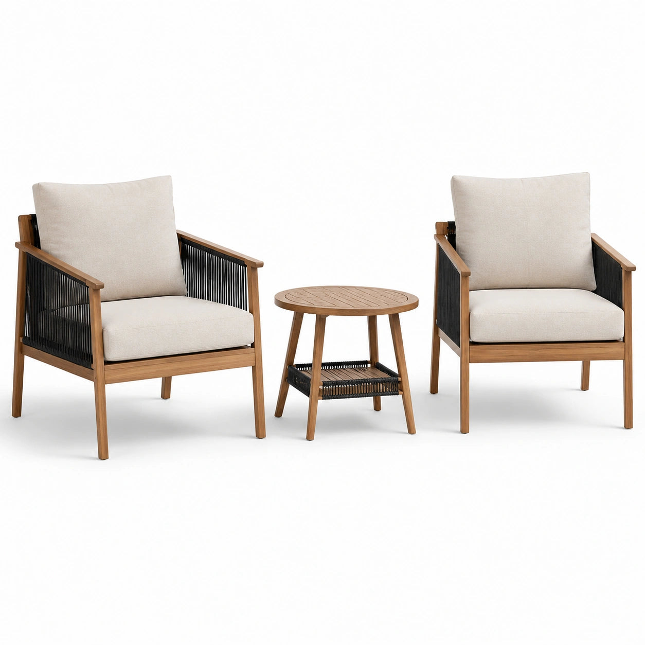 Ensemble de jardin 3 pièces avec 2 fauteuils de 72 × 78 × 84 cm et table ronde Ø 60 × H 55 cm, bois brun, cordage noir et coussins beiges